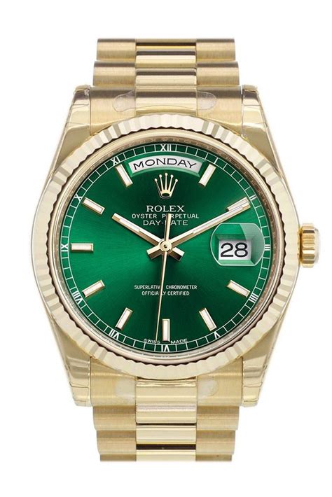 rolex date just gold green dial|rolex green dial day date.